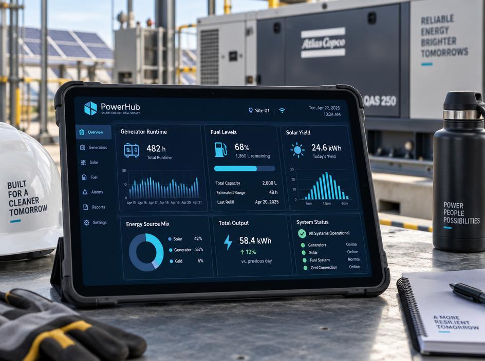 Illustrative power analytics tablet with generator runtime, fuel and solar yield reports